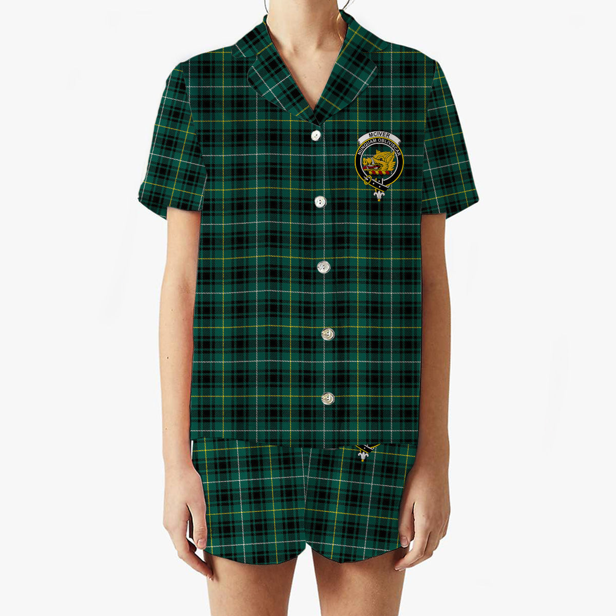 ScotsTee Shop Scottish McIver Hunting Modern Crest Women's Short Sleeve Short Set Tartan Pyjama Set