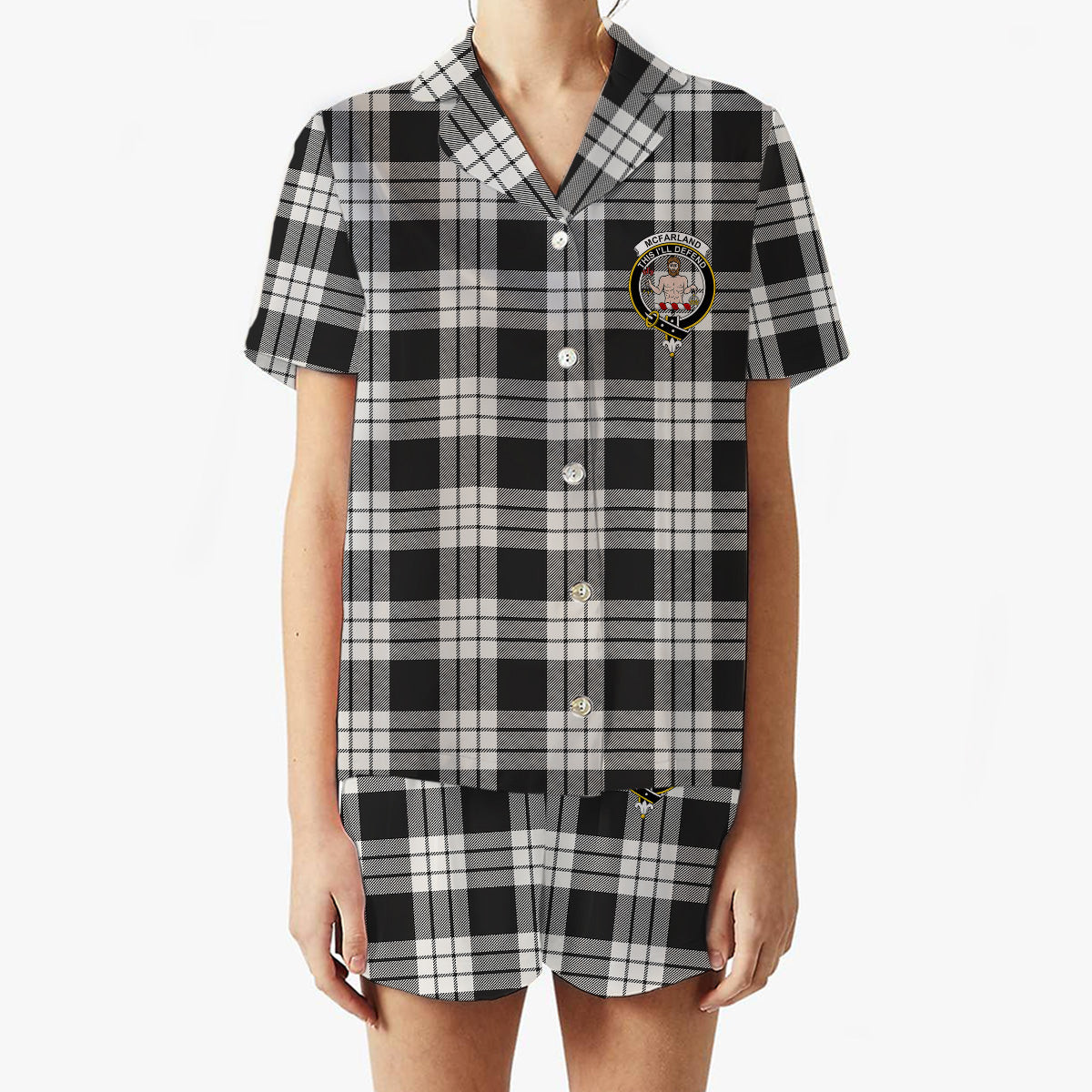 ScotsTee Shop Scottish McFarland Black White Crest Women's Short Sleeve Short Set Tartan Pyjama Set