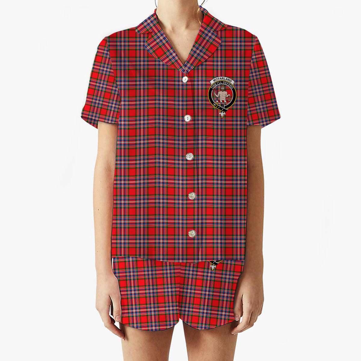 ScotsTee Shop Scottish McFarland Modern Crest Women's Short Sleeve Short Set Tartan Pyjama Set