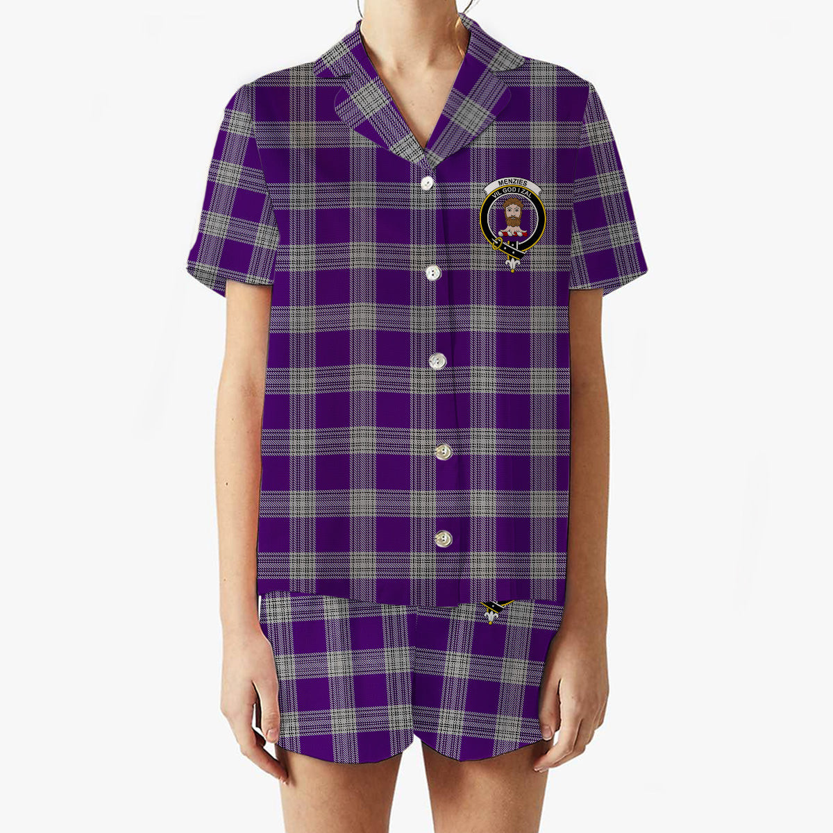 ScotsTee Shop Scottish Menzies Mauve and White Crest Women's Short Sleeve Short Set Tartan Pyjama Set