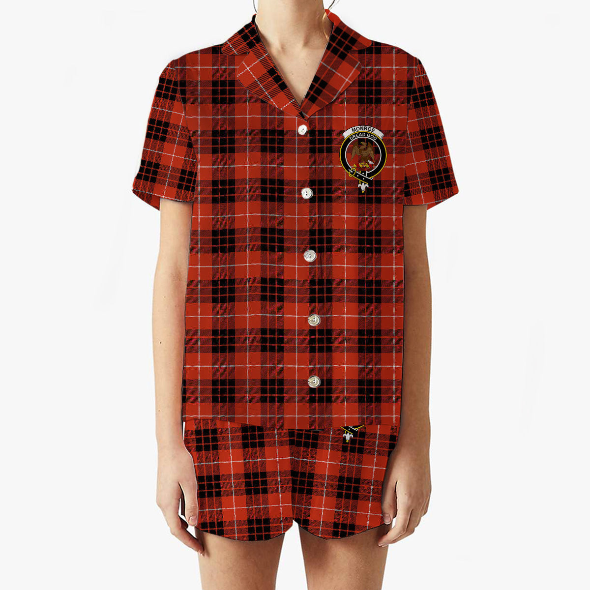 ScotsTee Shop Scottish Monroe Black and Red Ancient Crest Women's Short Sleeve Short Set Tartan Pyjama Set