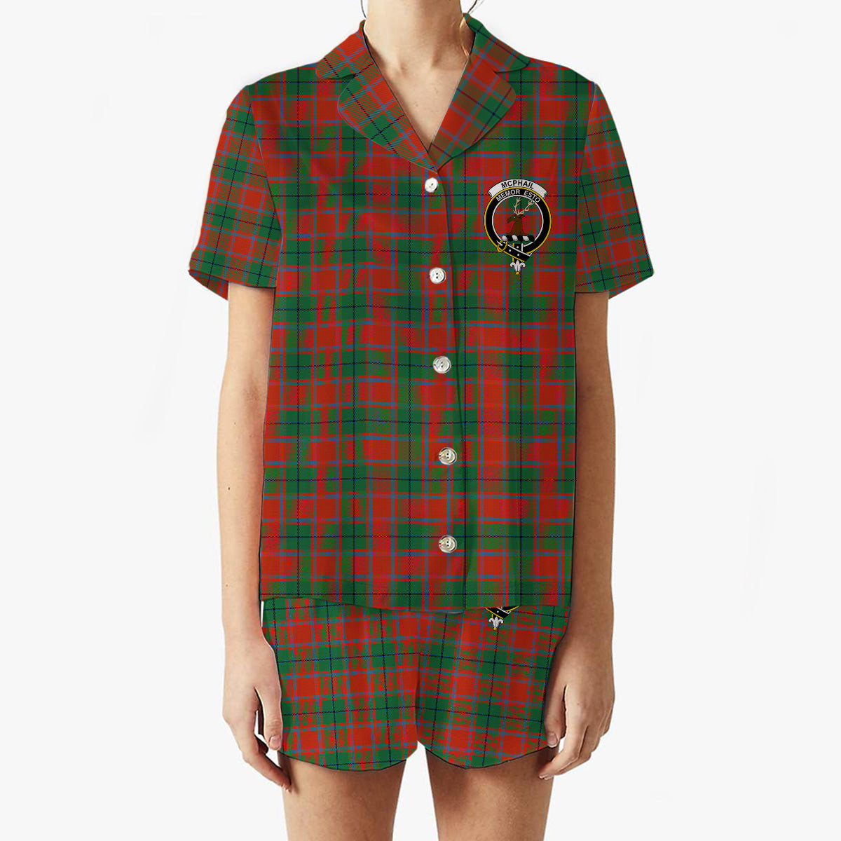 ScotsTee Shop Scottish McPhail Blue Bands Ancient Crest Women's Short Sleeve Short Set Tartan Pyjama Set