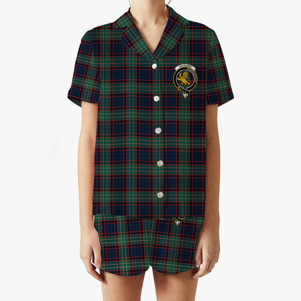 ScotsTee Shop Scottish Nicolson Hunting Modern Crest Women's Short Sleeve Short Set Tartan Pyjama Set