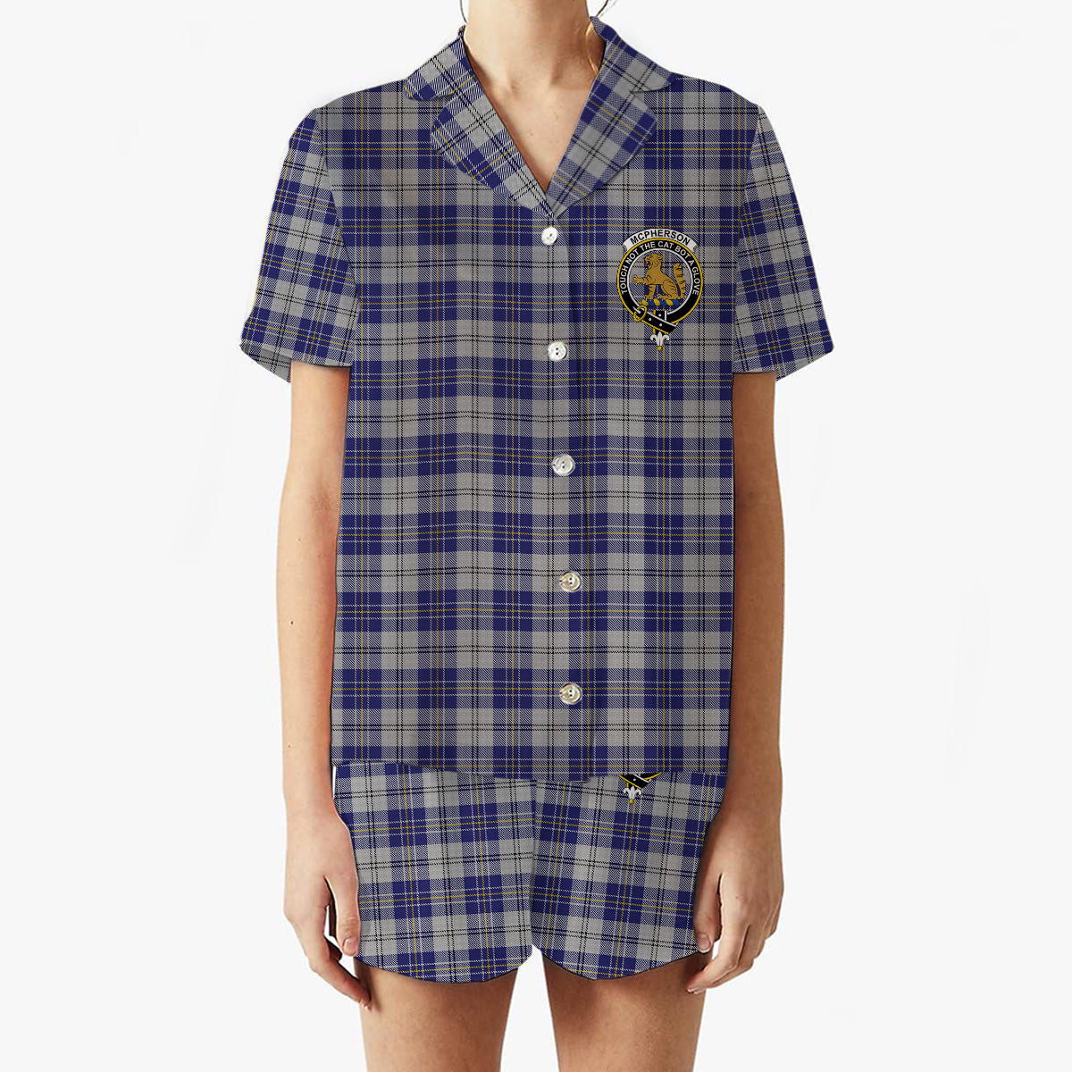 ScotsTee Shop Scottish McPherson Dress Blue Crest Women's Short Sleeve Short Set Tartan Pyjama Set
