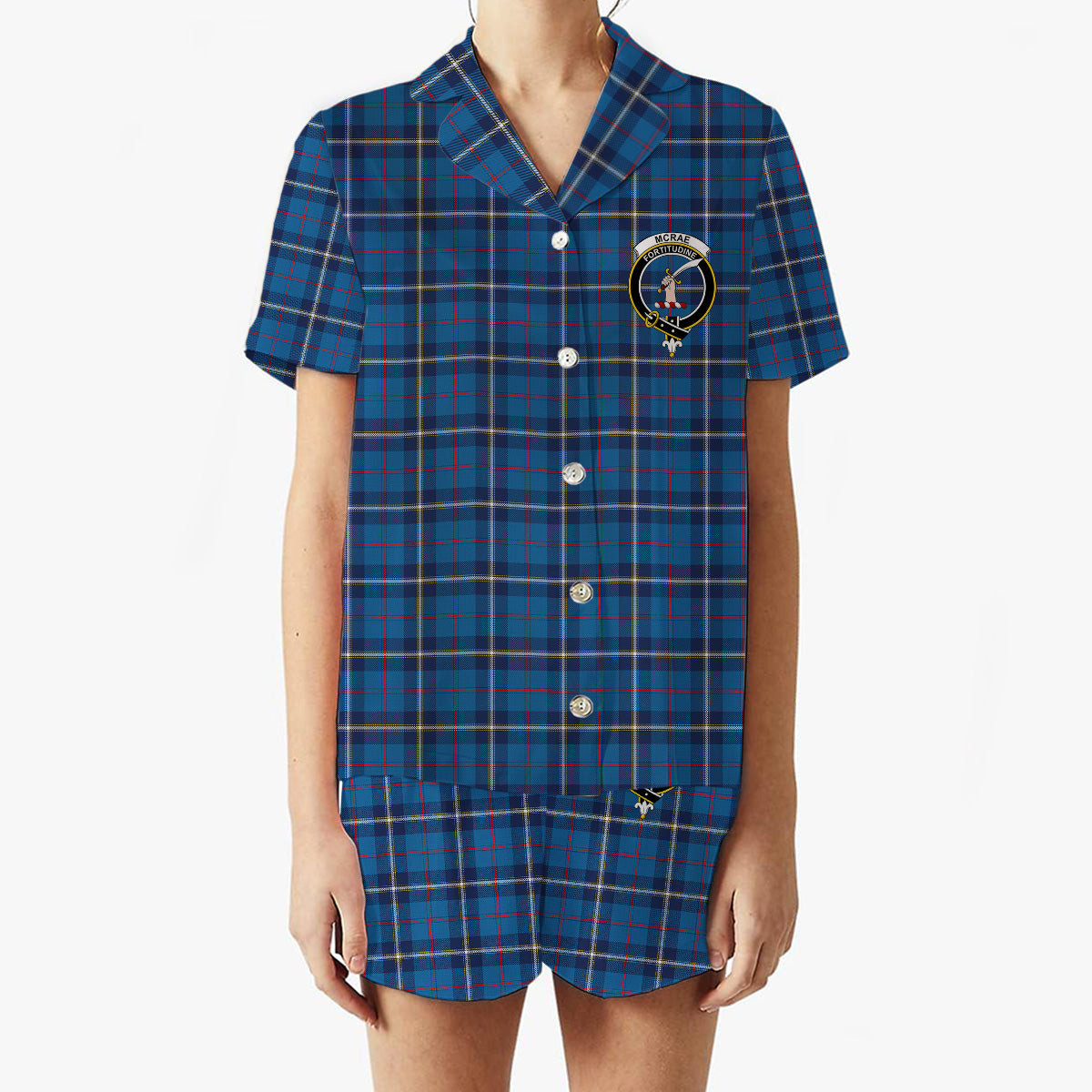 ScotsTee Shop Scottish McRae of America Modern Crest Women's Short Sleeve Short Set Tartan Pyjama Set