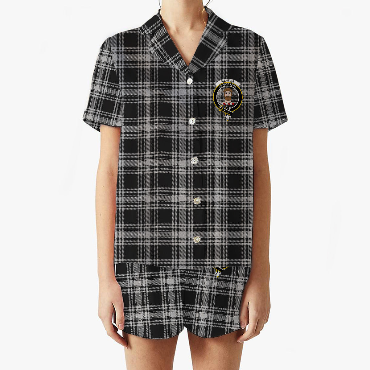 ScotsTee Shop Scottish Menzies Black and White Crest Women's Short Sleeve Short Set Tartan Pyjama Set