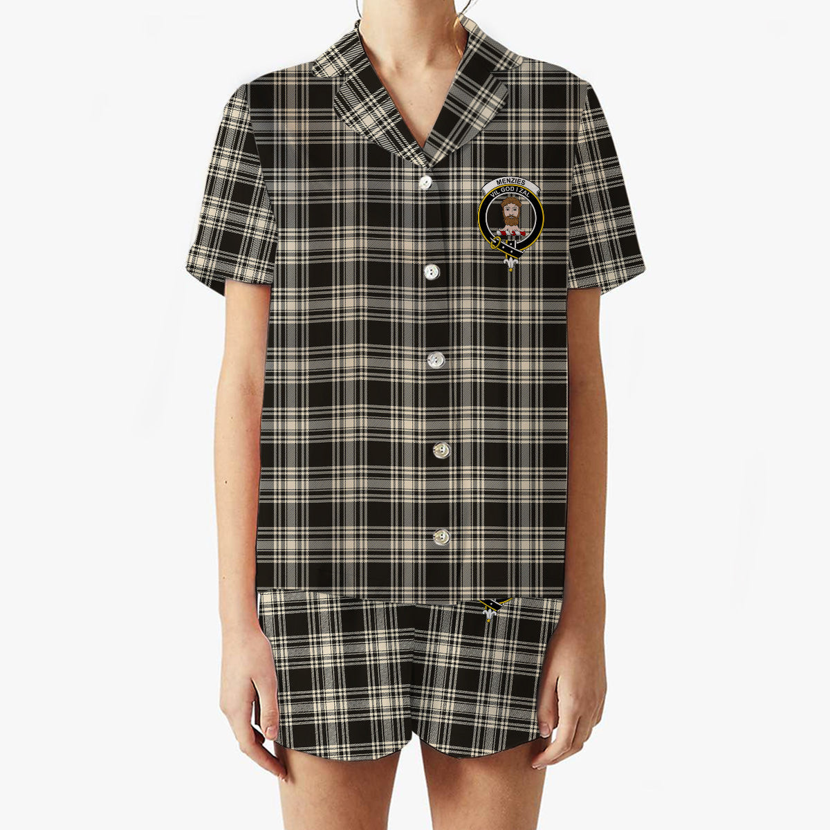 ScotsTee Shop Scottish Menzies Black & White Ancient Crest Women's Short Sleeve Short Set Tartan Pyjama Set