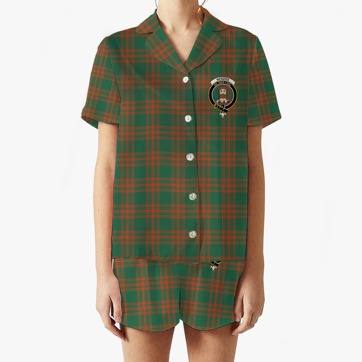 ScotsTee Shop Scottish Menzies Green Ancient Crest Women's Short Sleeve Short Set Tartan Pyjama Set