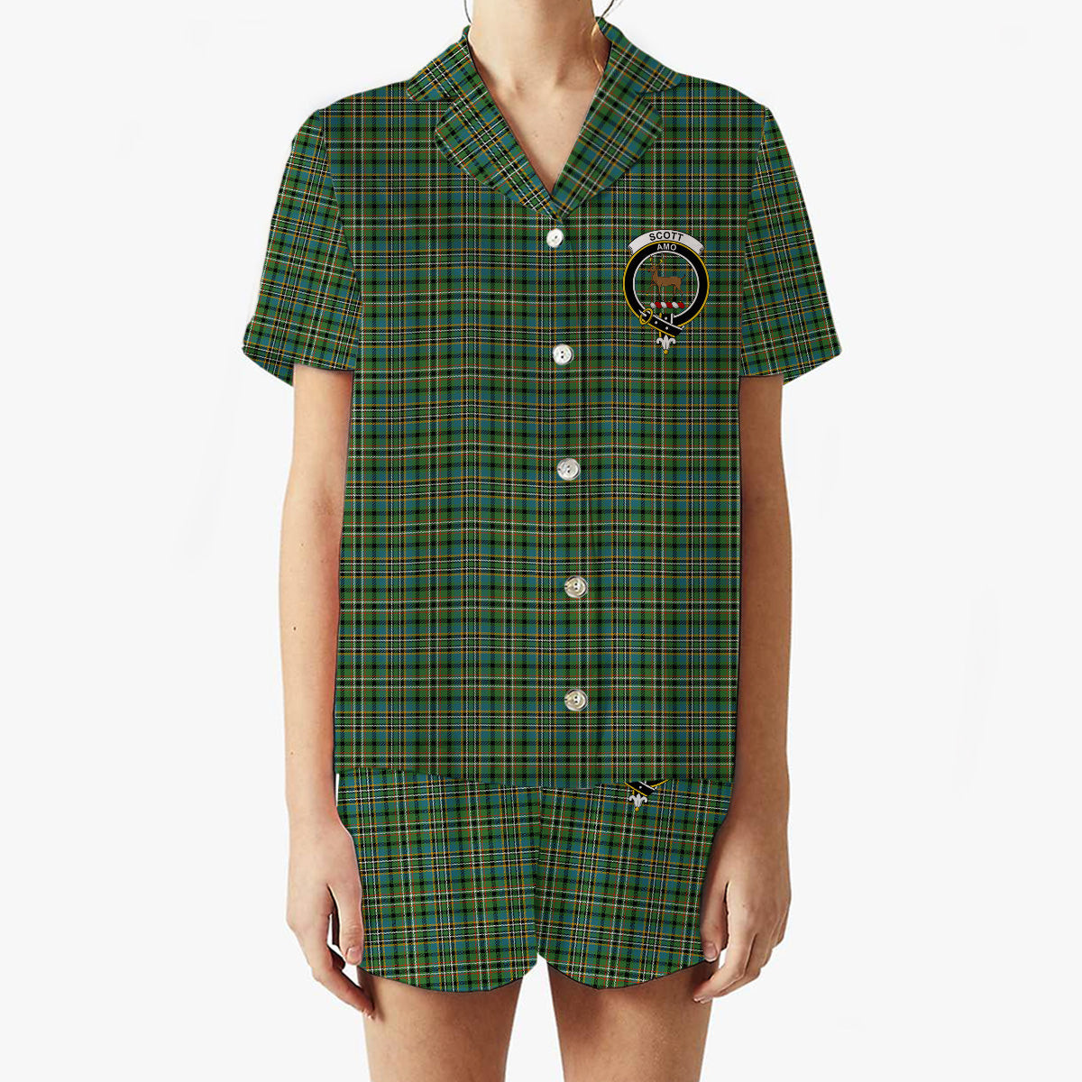 ScotsTee Shop Scottish Scott Green Ancient Crest Women's Short Sleeve Short Set Tartan Pyjama Set