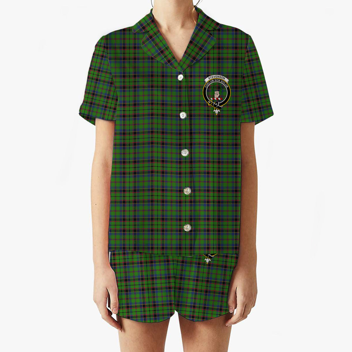 ScotsTee Shop Scottish Stevenson Green Crest Women's Short Sleeve Short Set Tartan Pyjama Set