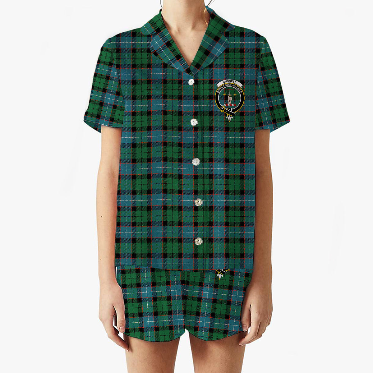 ScotsTee Shop Scottish Russell Ancient Crest Women's Short Sleeve Short Set Tartan Pyjama Set