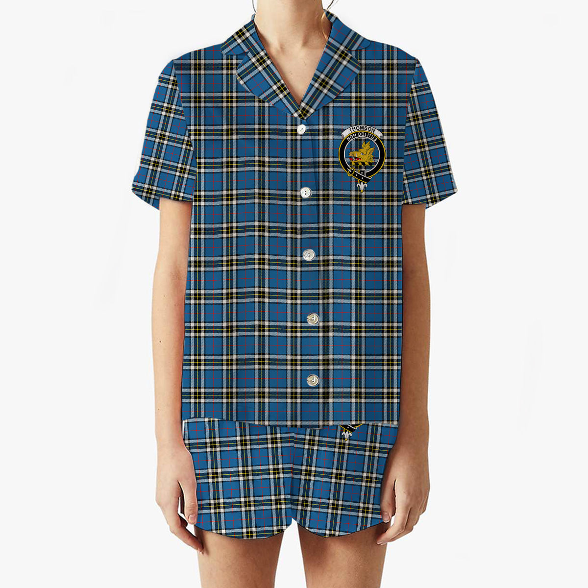 ScotsTee Shop Scottish Thomson Blue Modern Clan Crest Women's Short Sleeve Short Set Tartan Pyjama Set
