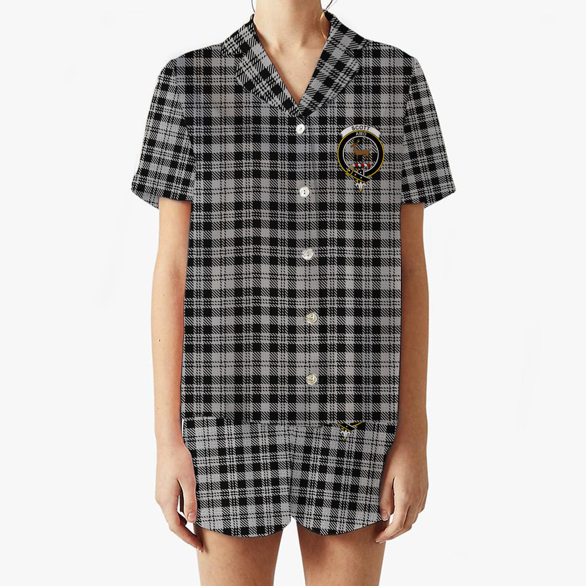 ScotsTee Shop Scottish Scott B&W 1850 Crest Women's Short Sleeve Short Set Tartan Pyjama Set