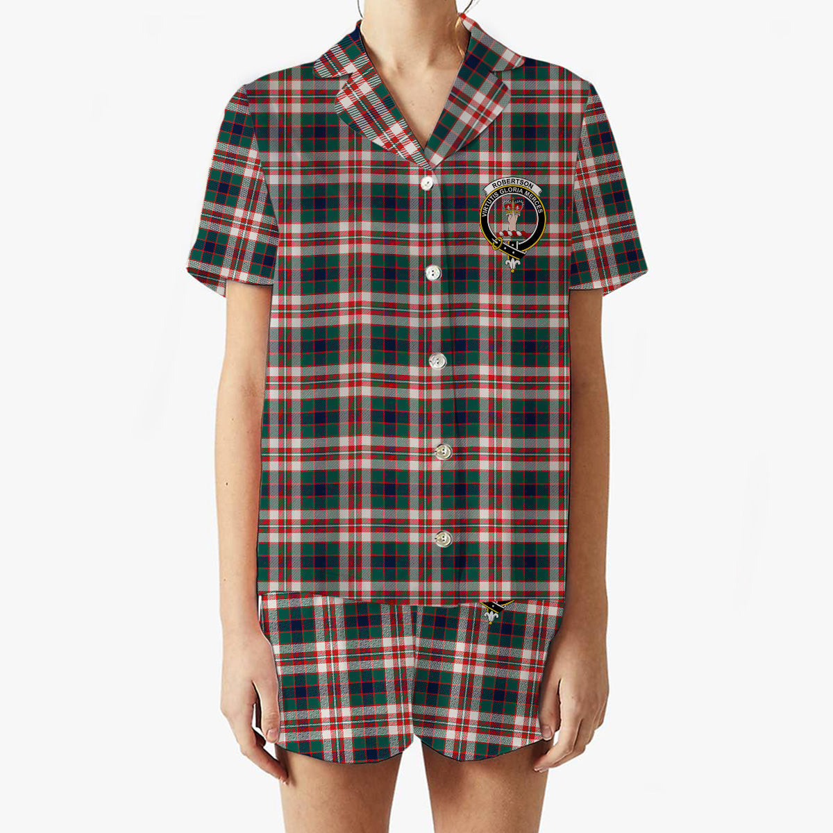 ScotsTee Shop Scottish Robertson Dress Modern Crest Women's Short Sleeve Short Set Tartan Pyjama Set