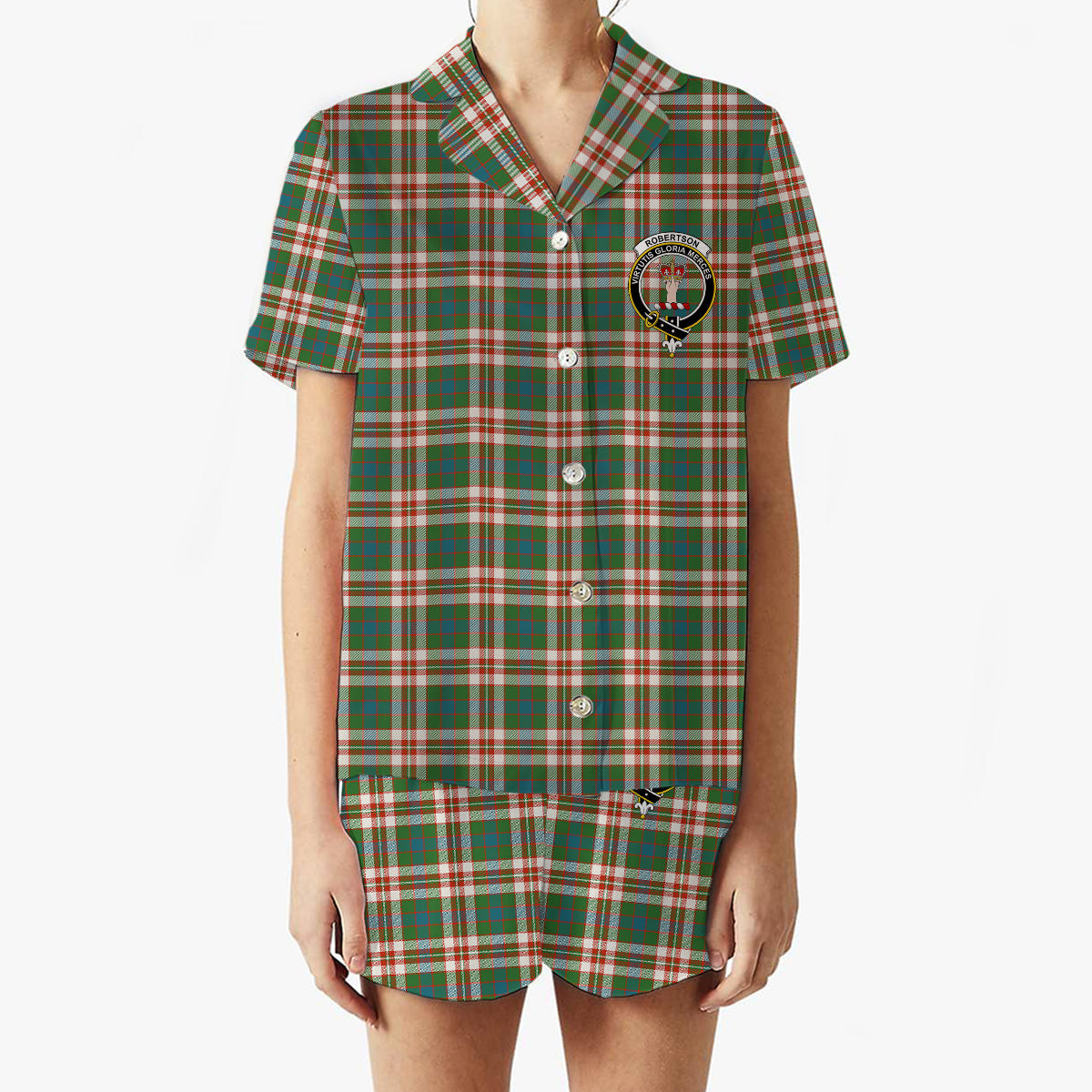 ScotsTee Shop Scottish Robertson Dress Ancient Crest Women's Short Sleeve Short Set Tartan Pyjama Set