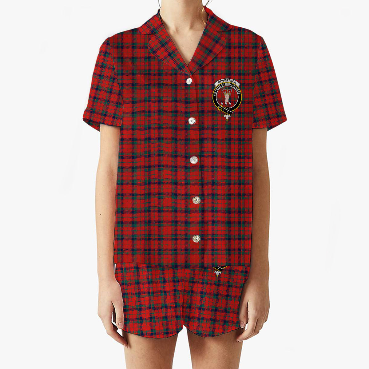 ScotsTee Shop Scottish Robertson Modern Clan Crest Women's Short Sleeve Short Set Tartan Pyjama Set