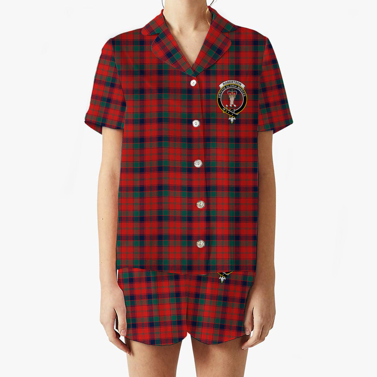 ScotsTee Shop Scottish Robertson 1819 Modern Crest Women's Short Sleeve Short Set Tartan Pyjama Set