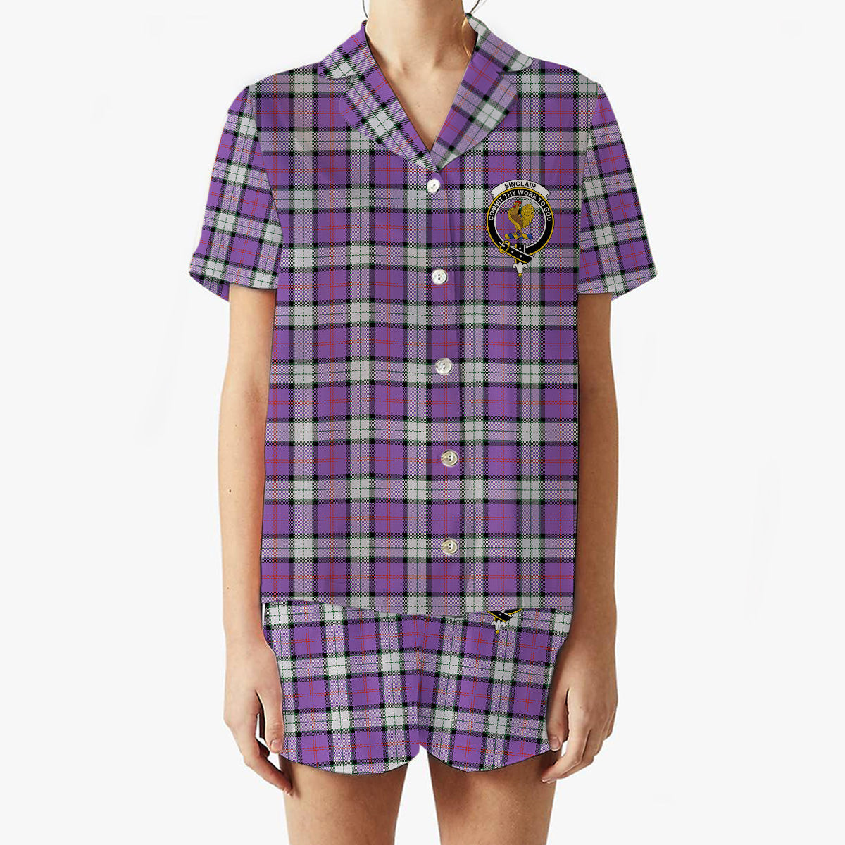ScotsTee Shop Scottish Sinclair Dress (Dance) Ancient Clan Crest Women's Short Sleeve Short Set Tartan Pyjama Set