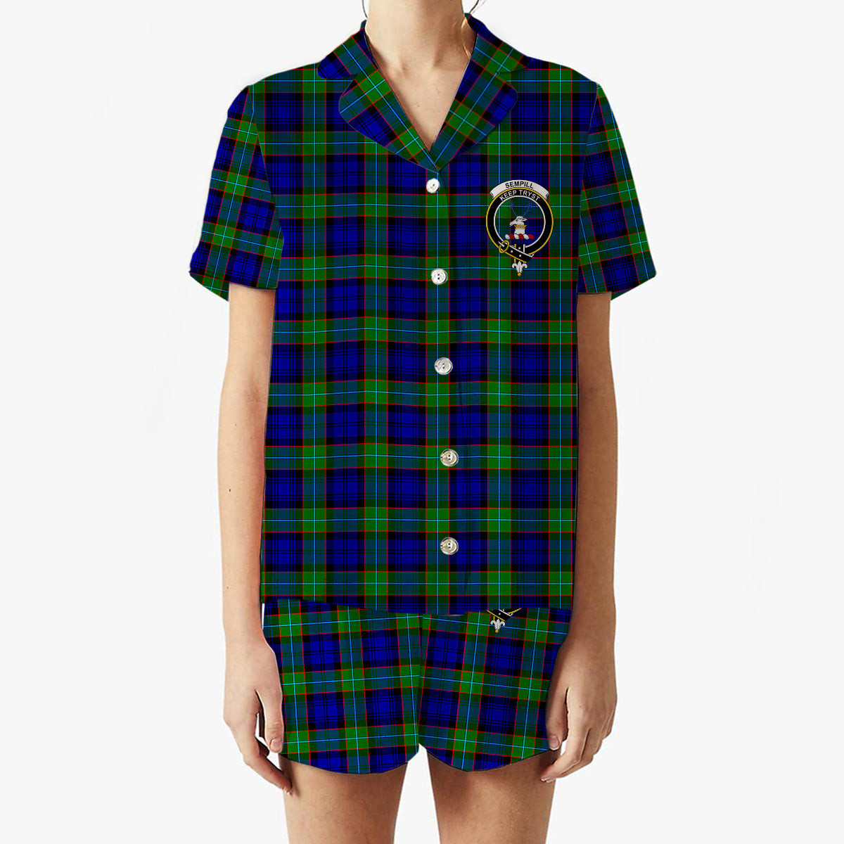 ScotsTee Shop Scottish Sempill Modern Crest Women's Short Sleeve Short Set Tartan Pyjama Set