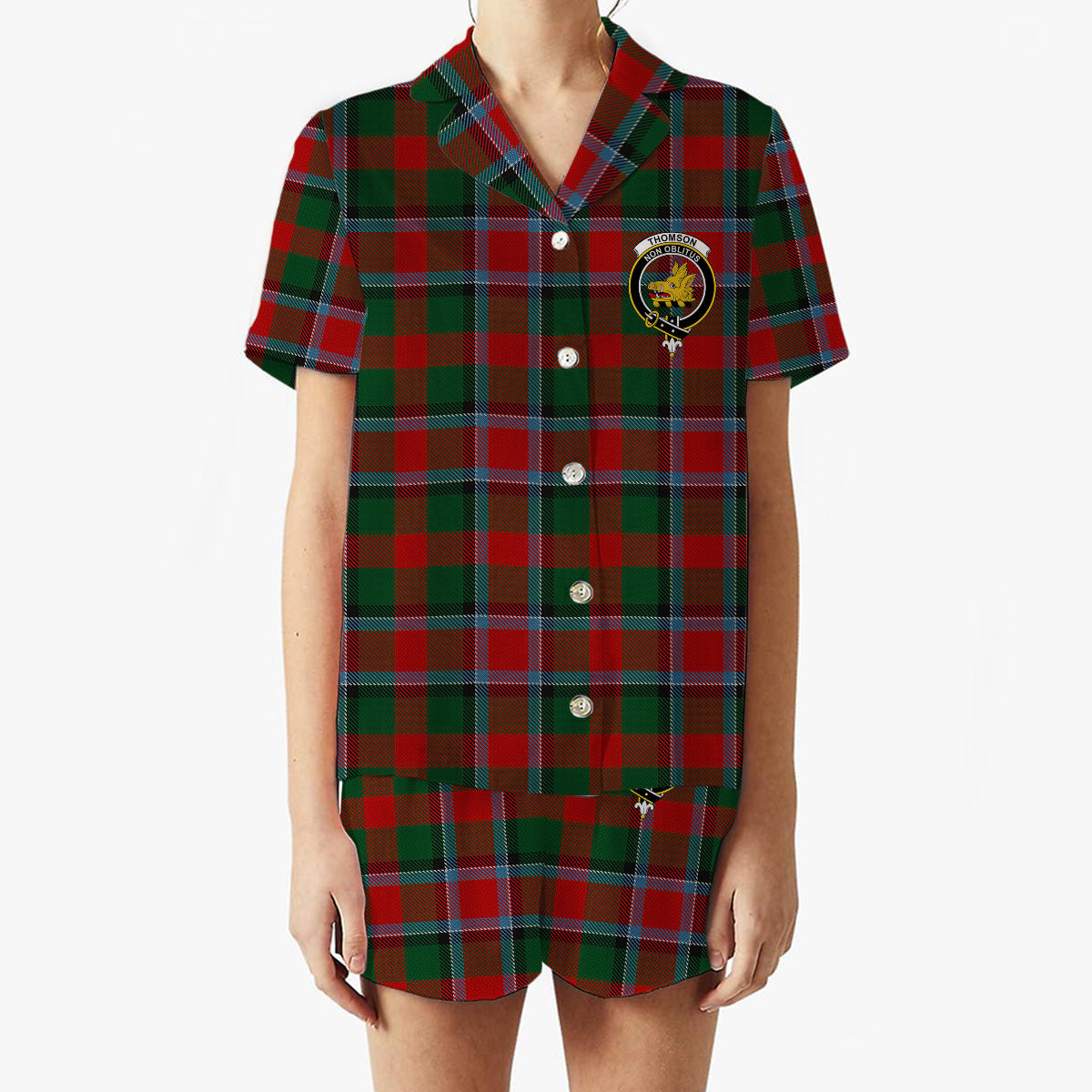 ScotsTee Shop Scottish Thomson Mackinlay Crest Women's Short Sleeve Short Set Tartan Pyjama Set