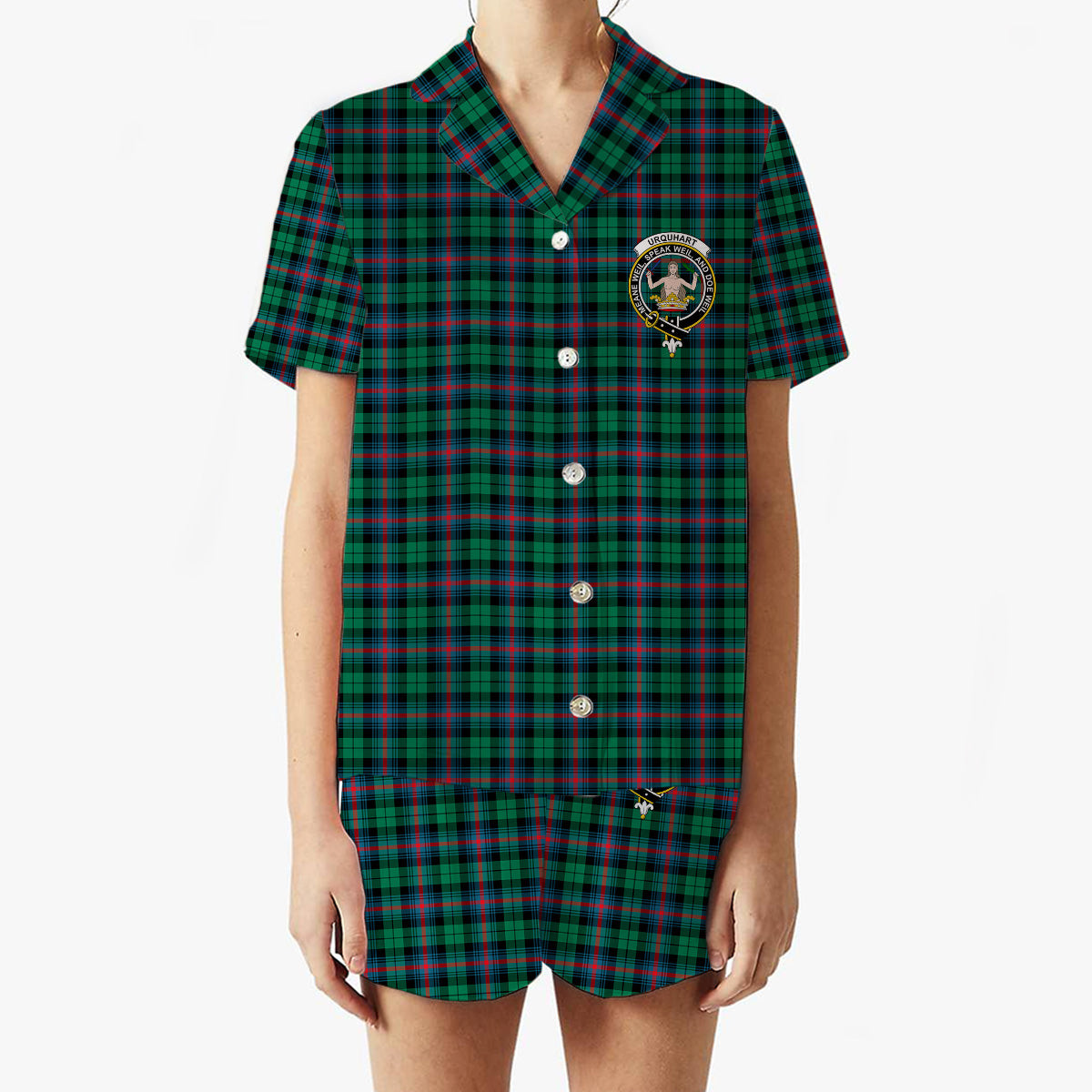 ScotsTee Shop Scottish Urquhart Broad Red Ancient Crest Women's Short Sleeve Short Set Tartan Pyjama Set