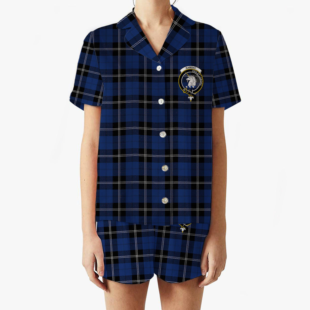 ScotsTee Shop Scottish Ramsay Blue Modern Crest Women's Short Sleeve Short Set Tartan Pyjama Set