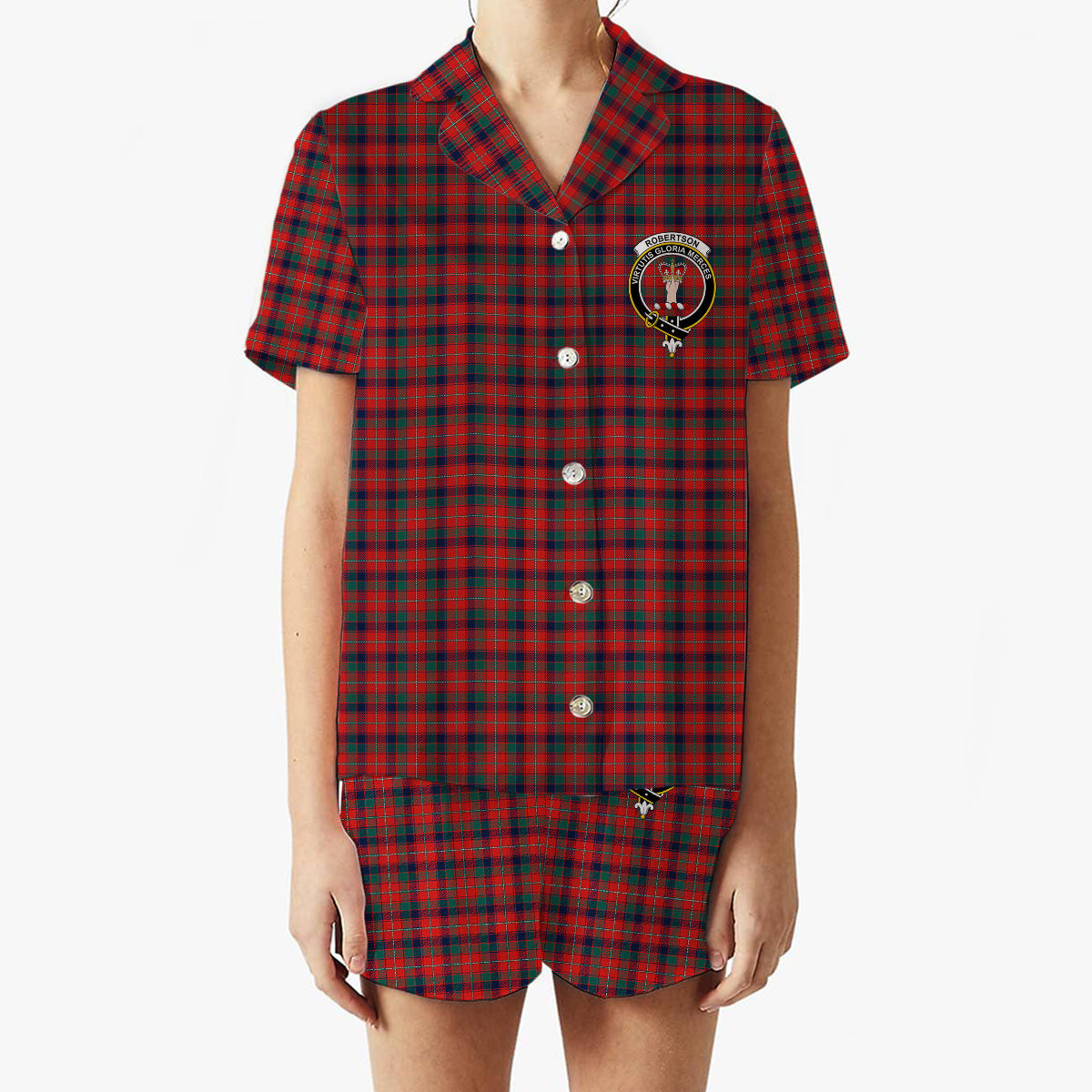 ScotsTee Shop Scottish Robertson White line New Modern Crest Women's Short Sleeve Short Set Tartan Pyjama Set