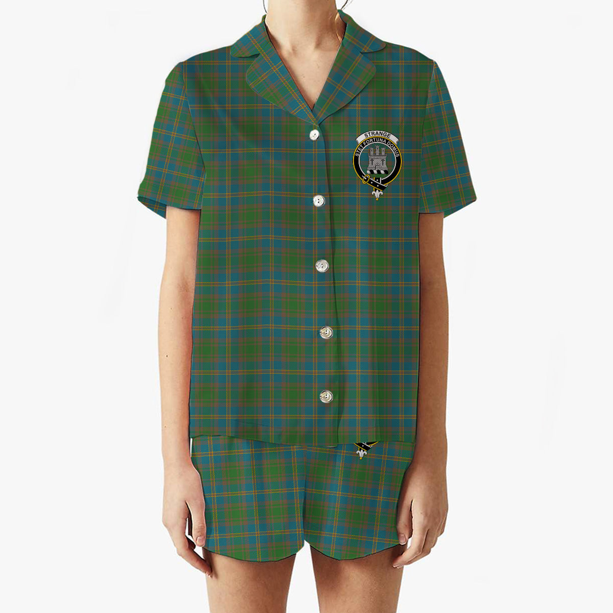 ScotsTee Shop Scottish Strange of Balkaskie Ancient Crest Women's Short Sleeve Short Set Tartan Pyjama Set