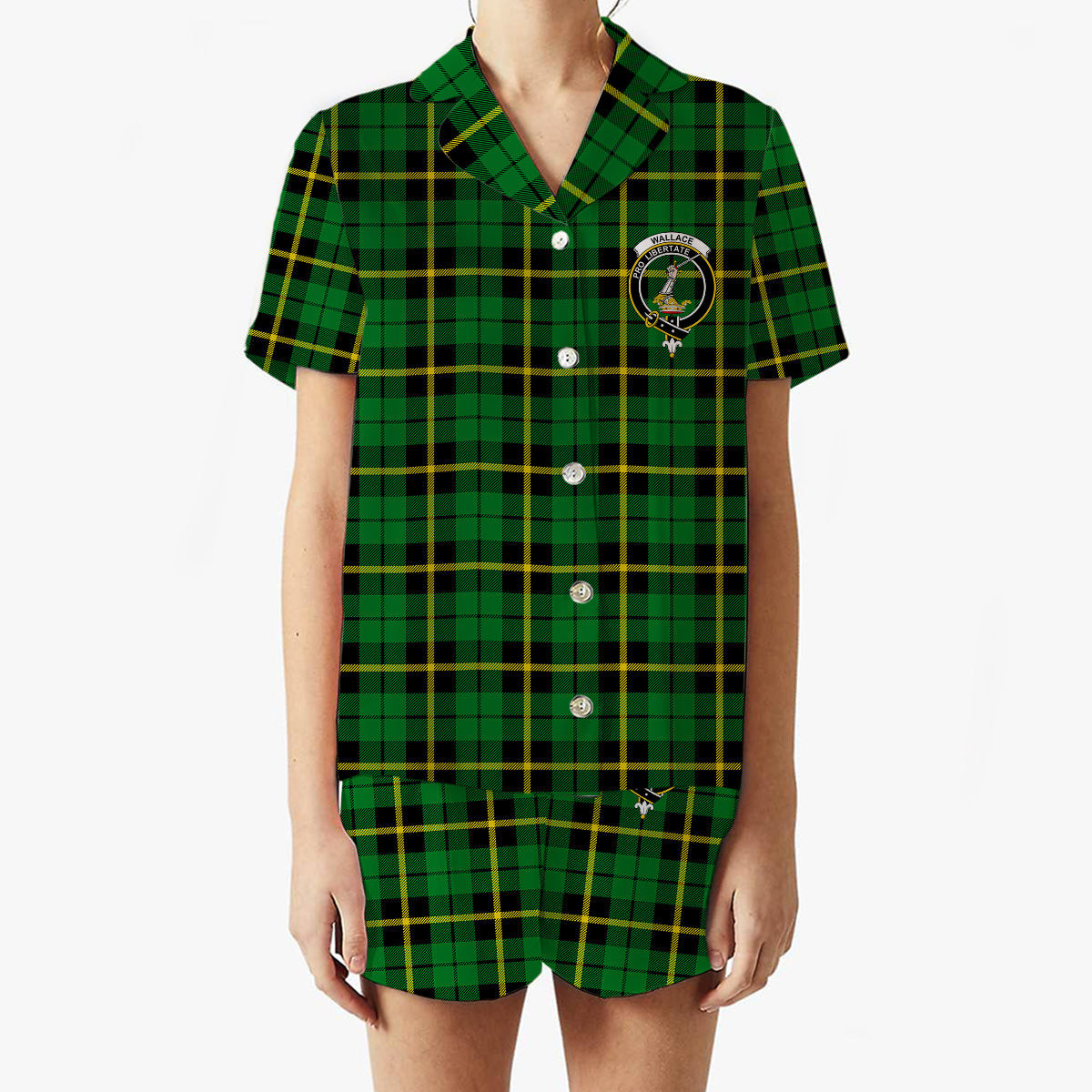 ScotsTee Shop Scottish Wallace Hunting Green Crest Women's Short Sleeve Short Set Tartan Pyjama Set