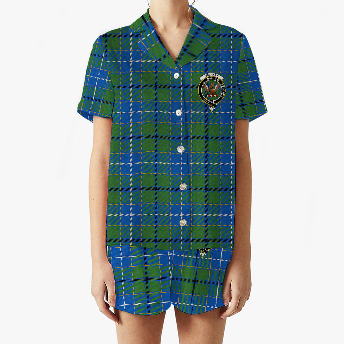 ScotsTee Shop Scottish Wishart Hunting Ancient Clan Crest Women's Short Sleeve Short Set Tartan Pyjama Set