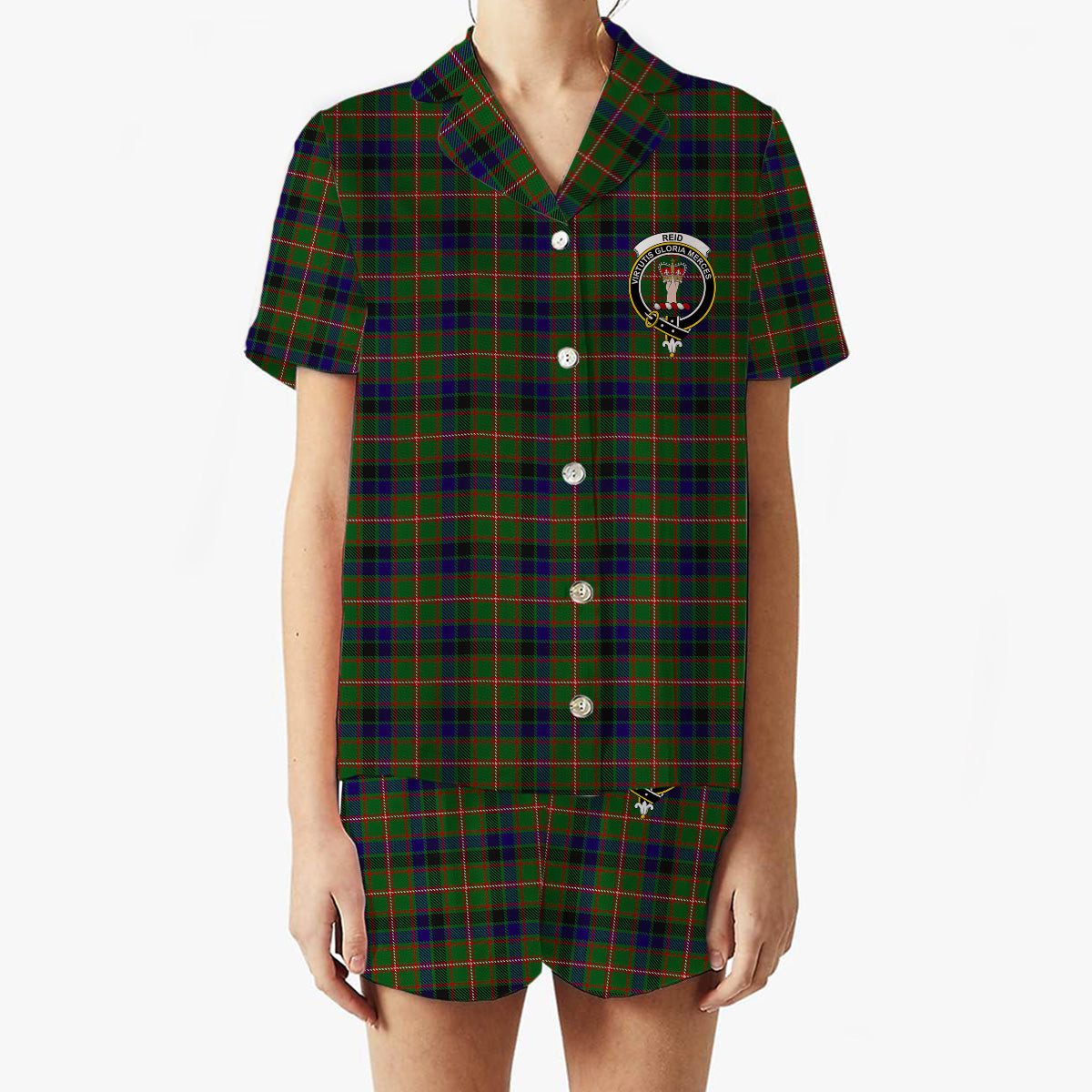 ScotsTee Shop Scottish Reid Green Crest Women's Short Sleeve Short Set Tartan Pyjama Set