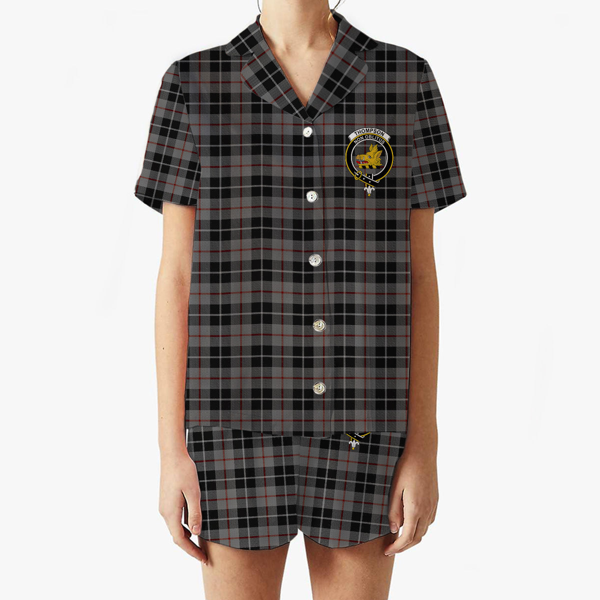 ScotsTee Shop Scottish Thompson Society Grey Crest Women's Short Sleeve Short Set Tartan Pyjama Set
