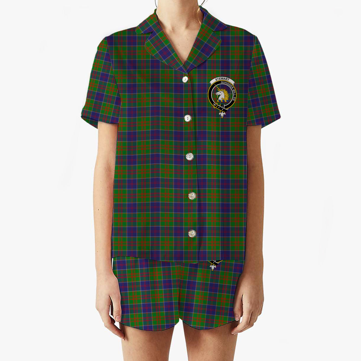 ScotsTee Shop Scottish Stewart of Appin Hunting Modern Crest Women's Short Sleeve Short Set Tartan Pyjama Set