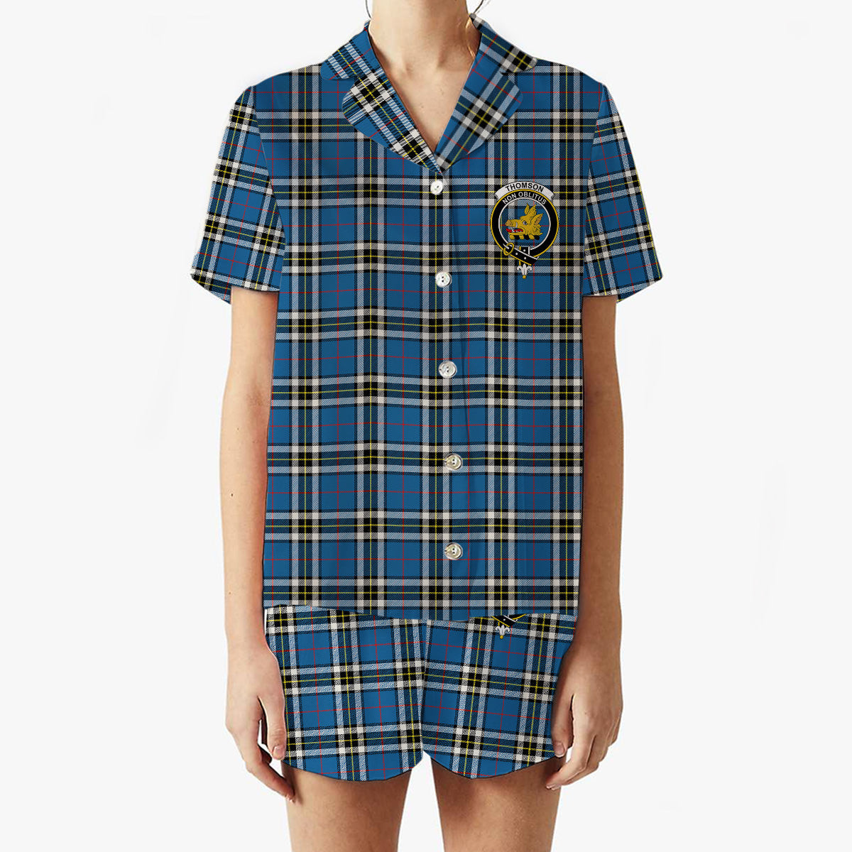 ScotsTee Shop Scottish Thomson Dress Blue Modern Crest Women's Short Sleeve Short Set Tartan Pyjama Set