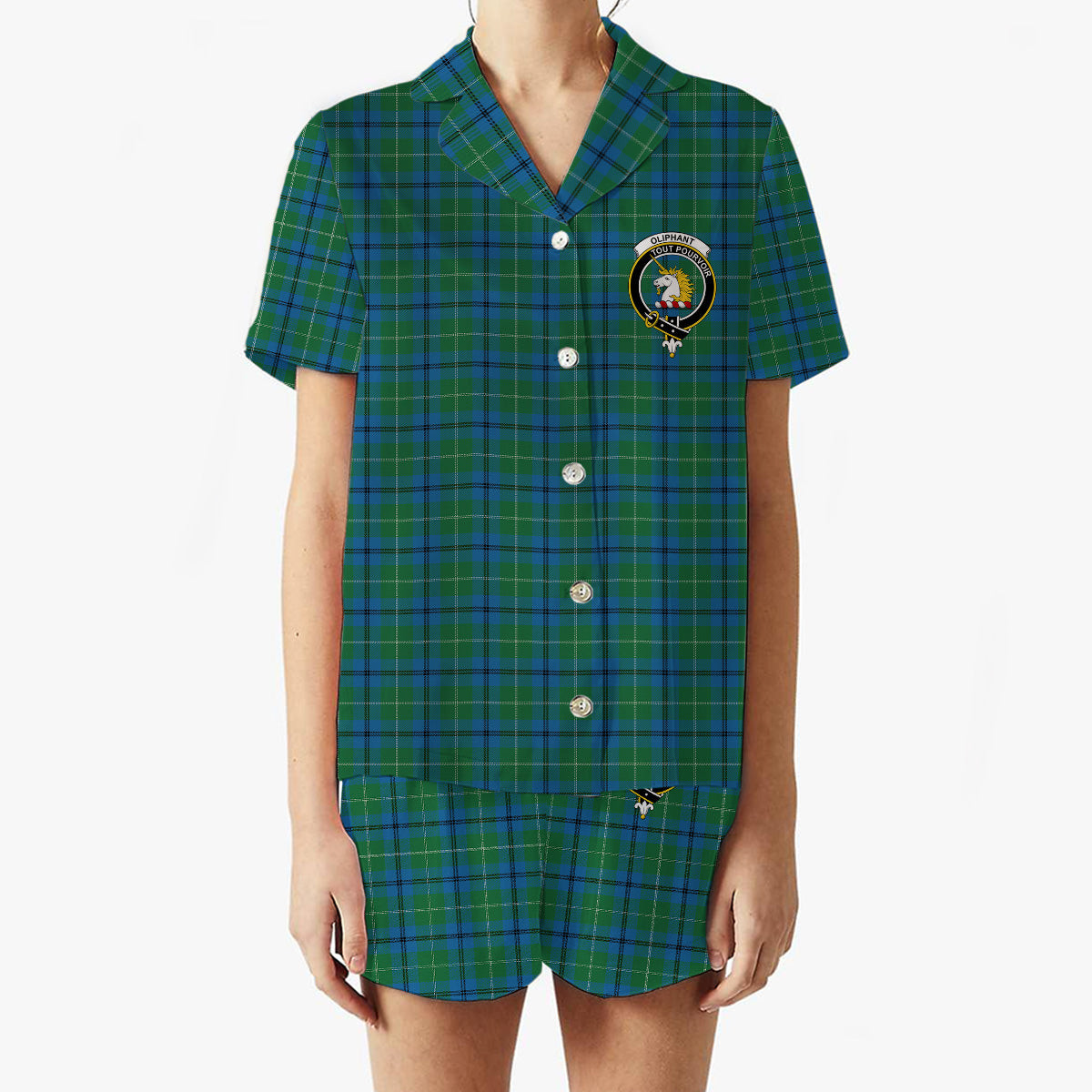 ScotsTee Shop Scottish Oliphant Ancient Clan Crest Women's Short Sleeve Short Set Tartan Pyjama Set