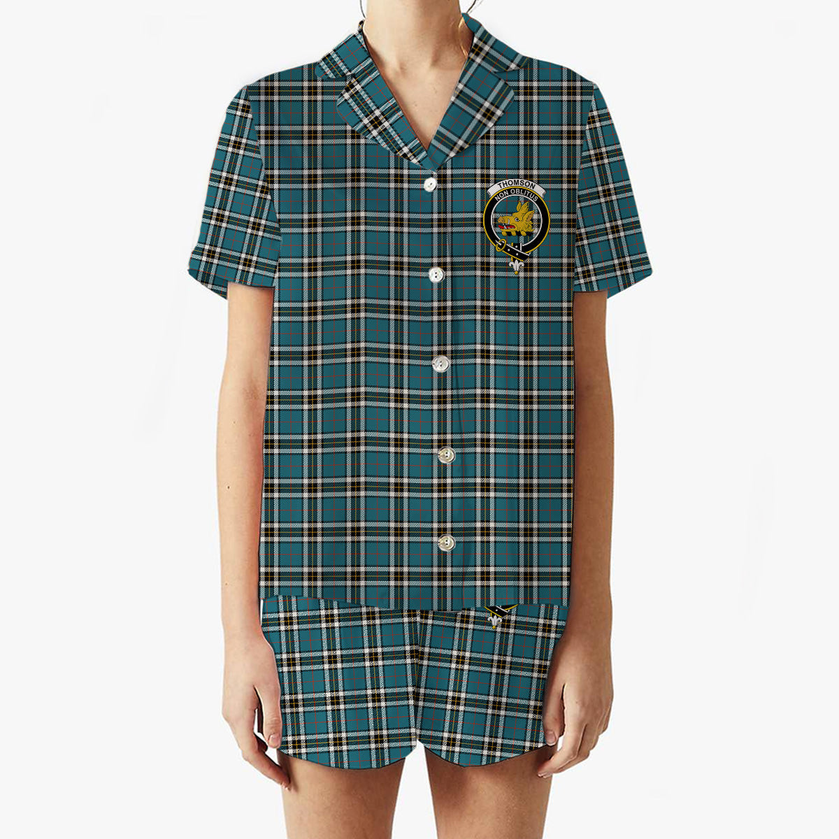 ScotsTee Shop Scottish Thomson Blue Ancient Clan Crest Women's Short Sleeve Short Set Tartan Pyjama Set