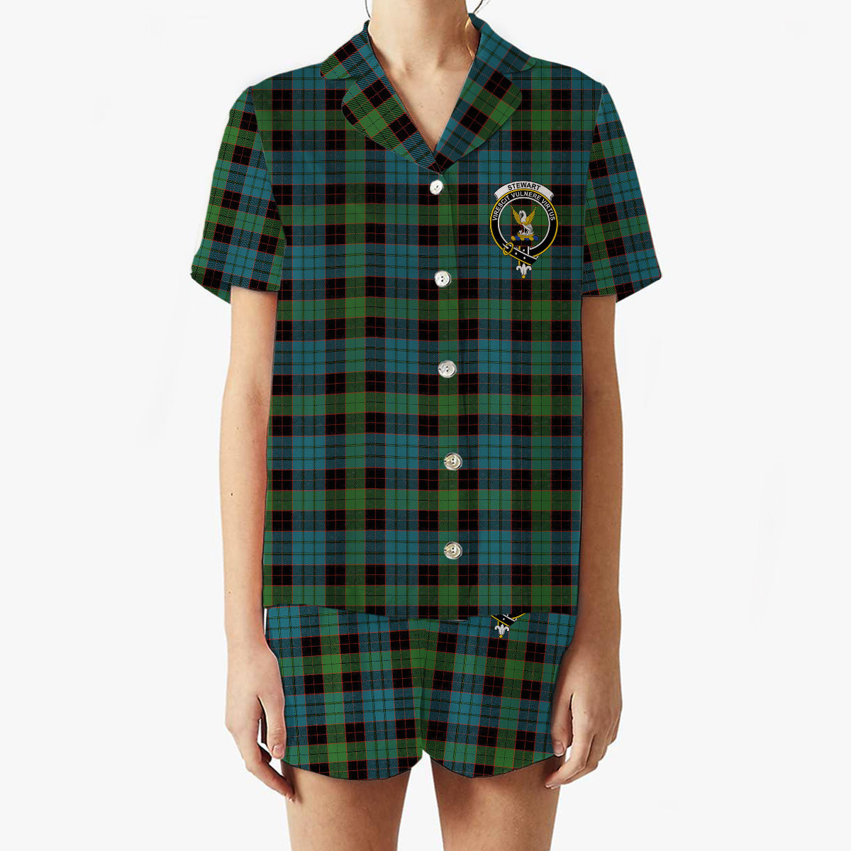 ScotsTee Shop Scottish Stewart Old Ancient Clan Crest Women's Short Sleeve Short Set Tartan Pyjama Set