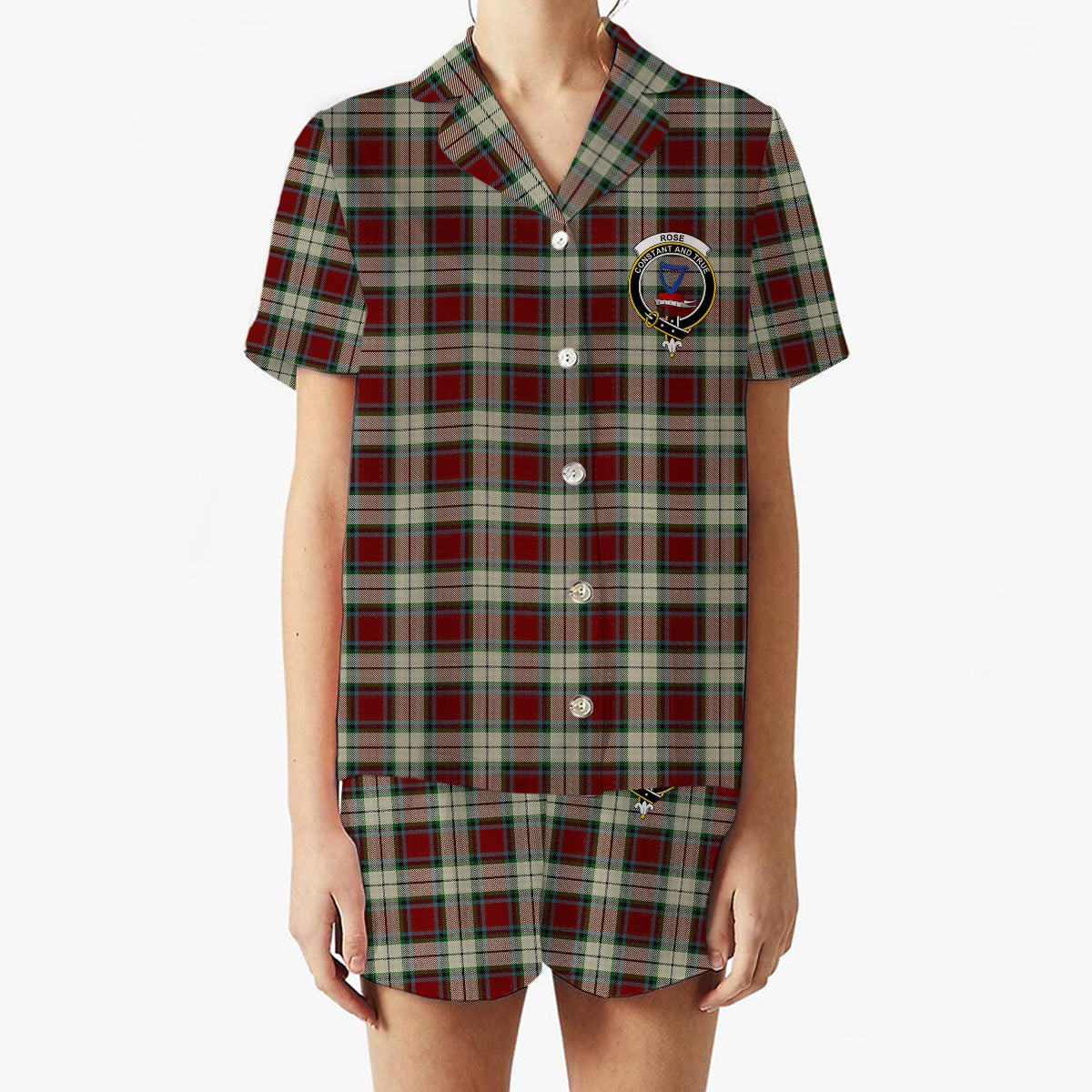ScotsTee Shop Scottish Rose White Dress Crest Women's Short Sleeve Short Set Tartan Pyjama Set