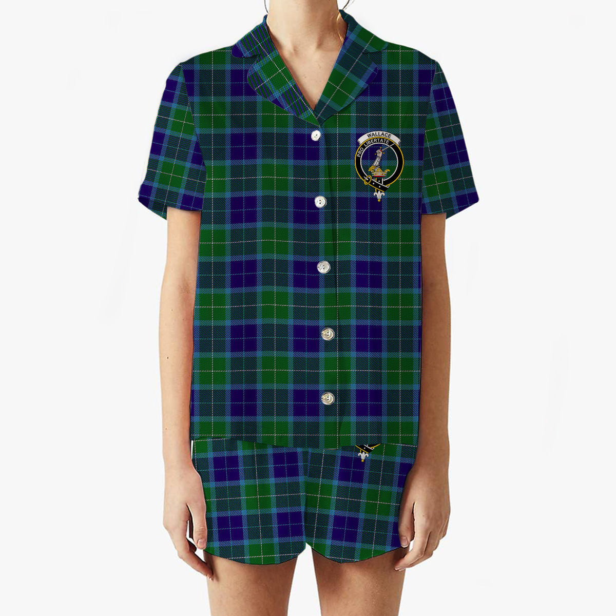 ScotsTee Shop Scottish Wallace Blue Crest Women's Short Sleeve Short Set Tartan Pyjama Set