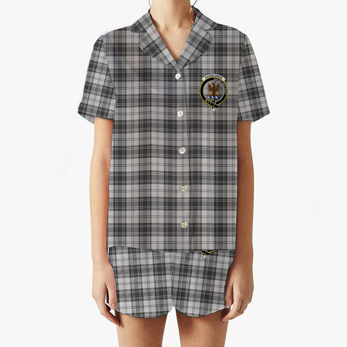 ScotsTee Shop Scottish Sandilands Grey Crest Women's Short Sleeve Short Set Tartan Pyjama Set