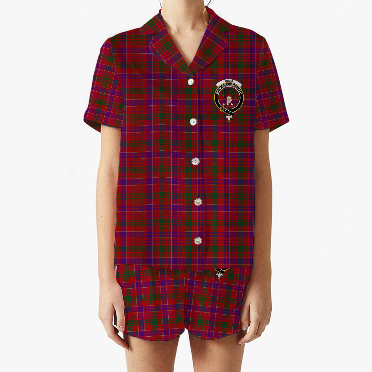 ScotsTee Shop Scottish Ross 3 Crest Women's Short Sleeve Short Set Tartan Pyjama Set