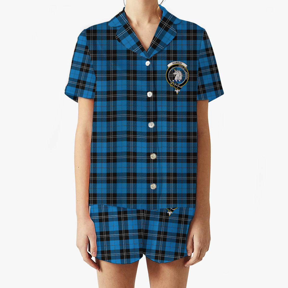 ScotsTee Shop Scottish Ramsay Blue Ancient Crest Women's Short Sleeve Short Set Tartan Pyjama Set
