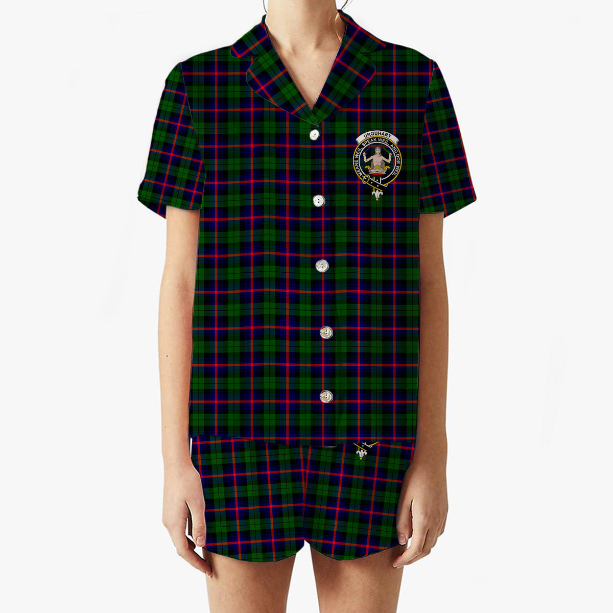 ScotsTee Shop Scottish Urquhart Modern Crest Women's Short Sleeve Short Set Tartan Pyjama Set