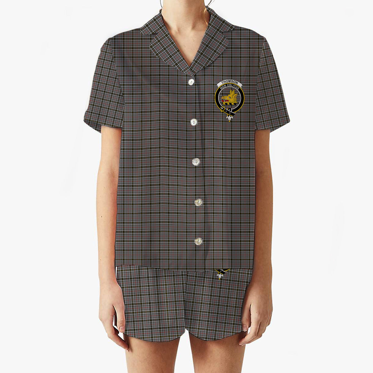 ScotsTee Shop Scottish Thomson Dress Grey Crest Women's Short Sleeve Short Set Tartan Pyjama Set