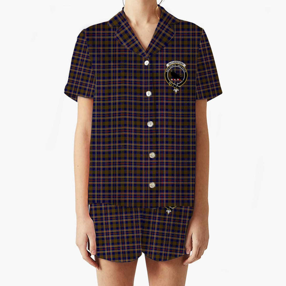 ScotsTee Shop Scottish Rutherford Simon Travis Alan Hunting Crest Women's Short Sleeve Short Set Tartan Pyjama Set