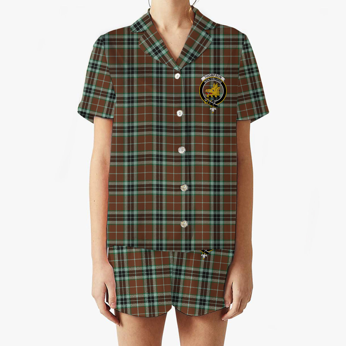 ScotsTee Shop Scottish Thompson Society Hunting Modern Crest Women's Short Sleeve Short Set Tartan Pyjama Set