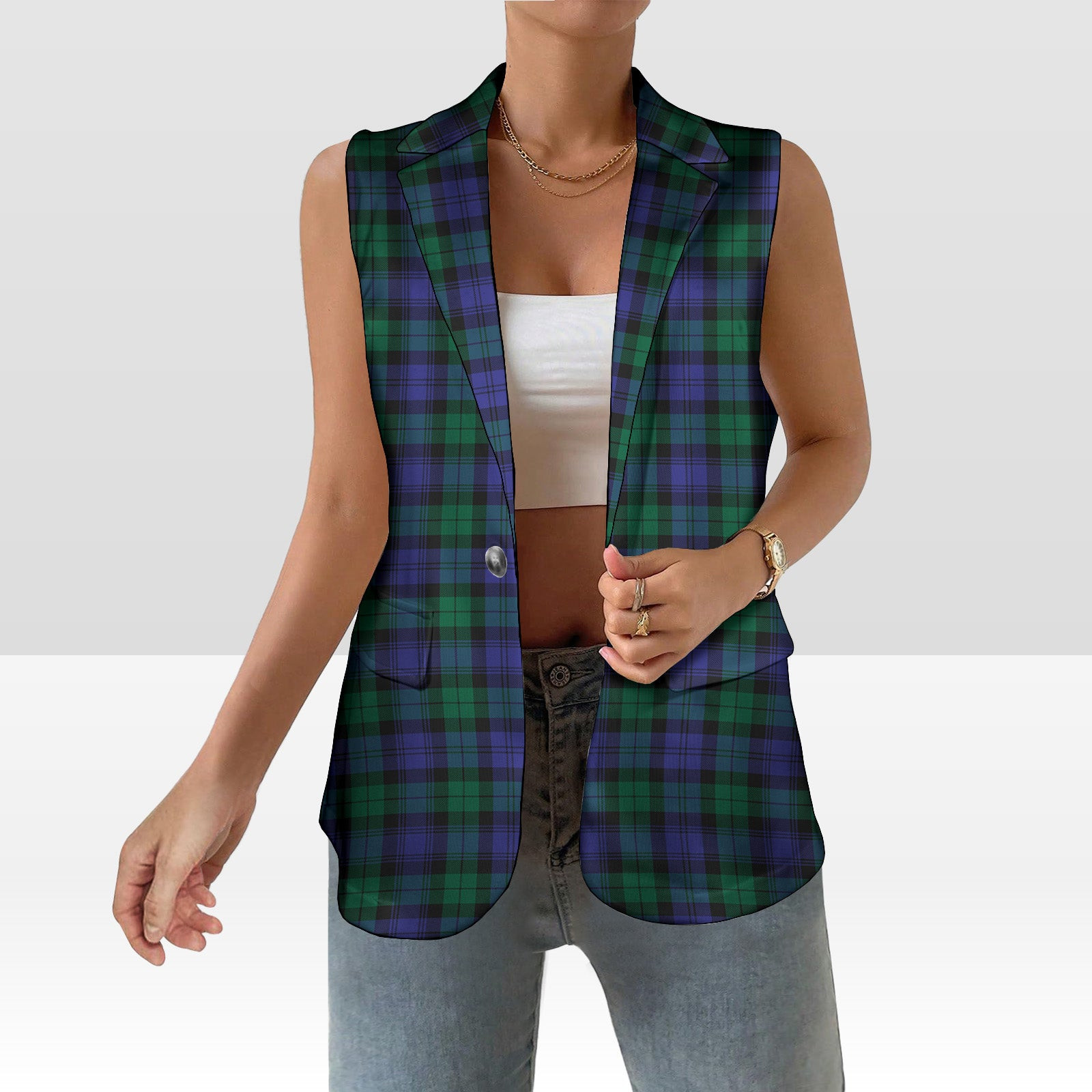 ScotsTee Shop Scottish Black Watch Modern Women's Tartan Sleeveless Blazer Suit Vest