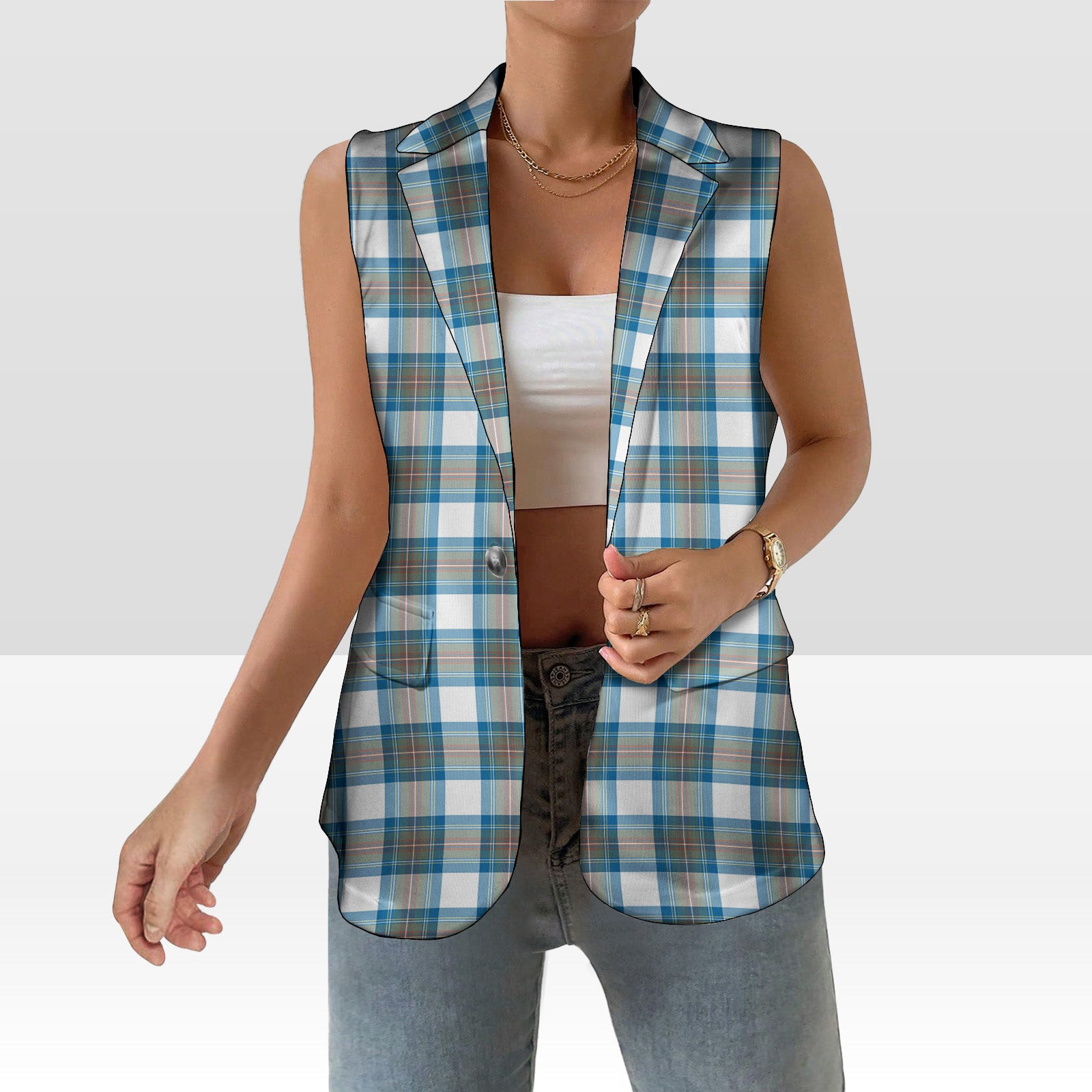 ScotsTee Shop Scottish Stewart Muted Blue Women's Tartan Sleeveless Blazer Suit Vest