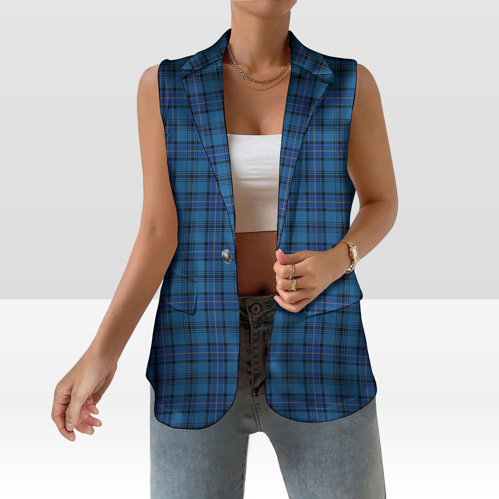 ScotsTee Shop Scottish Hannay Blue Modern Women's Tartan Sleeveless Blazer Suit Vest