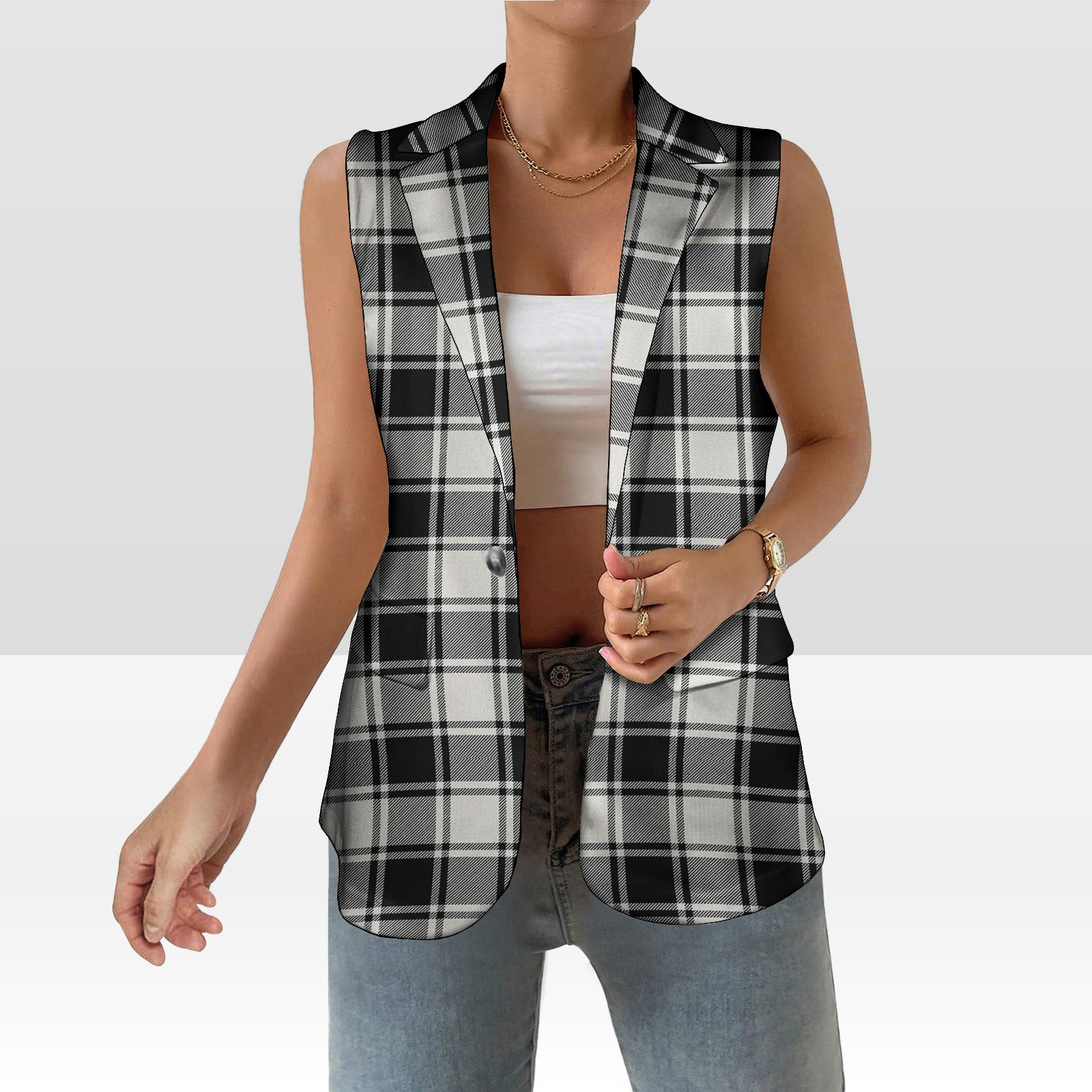 ScotsTee Shop Scottish McFie Black & White Ancient Women's Tartan Sleeveless Blazer Suit Vest